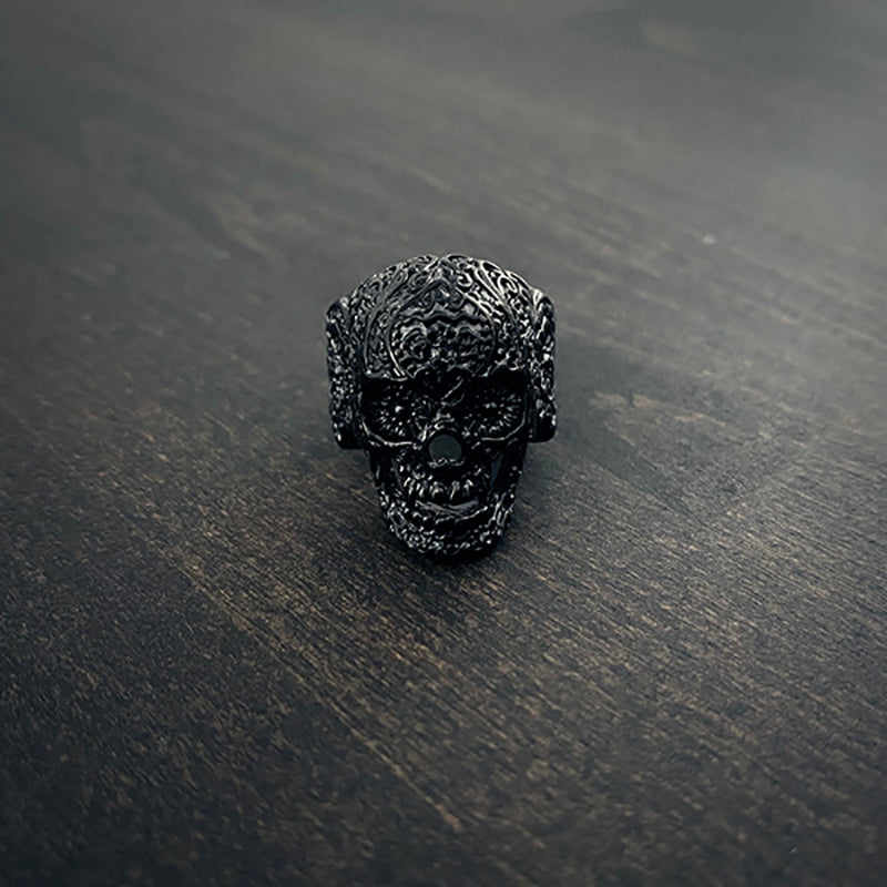 Floral skull, shiny black stainless steel - RINGS