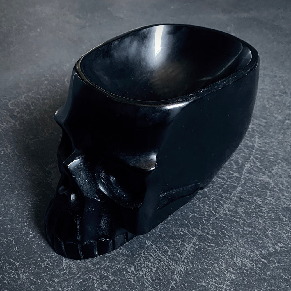 Black skull offering bowl, carved black obsidian - RITUAL ITEM