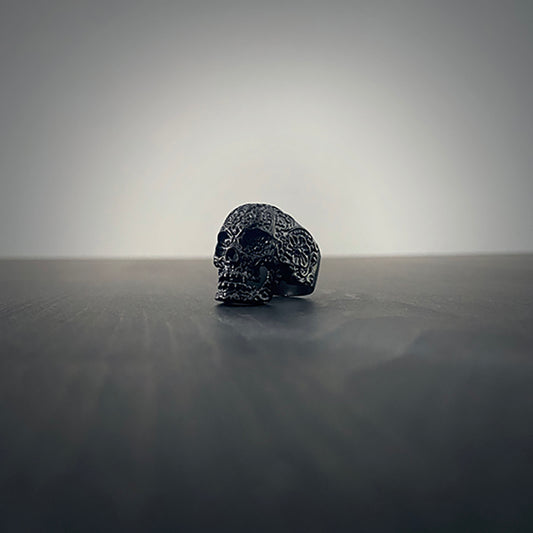 Floral skull, shiny black stainless steel - RINGS