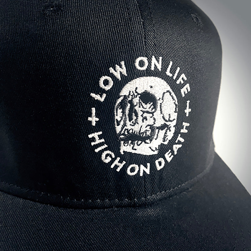 Low on life  high on death, embroidered snapback hat, trucker cap - SNAPBACK HAT