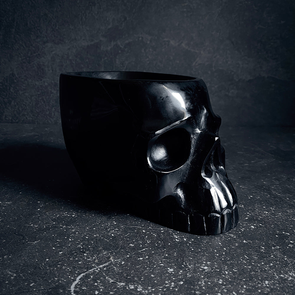 Black skull offering bowl, carved black obsidian - RITUAL ITEM