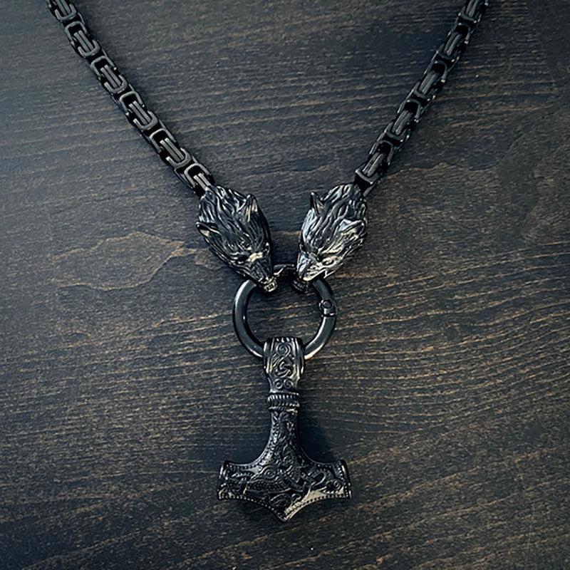 Fenrir with Mjolnir necklace, black edition - NECKLACE