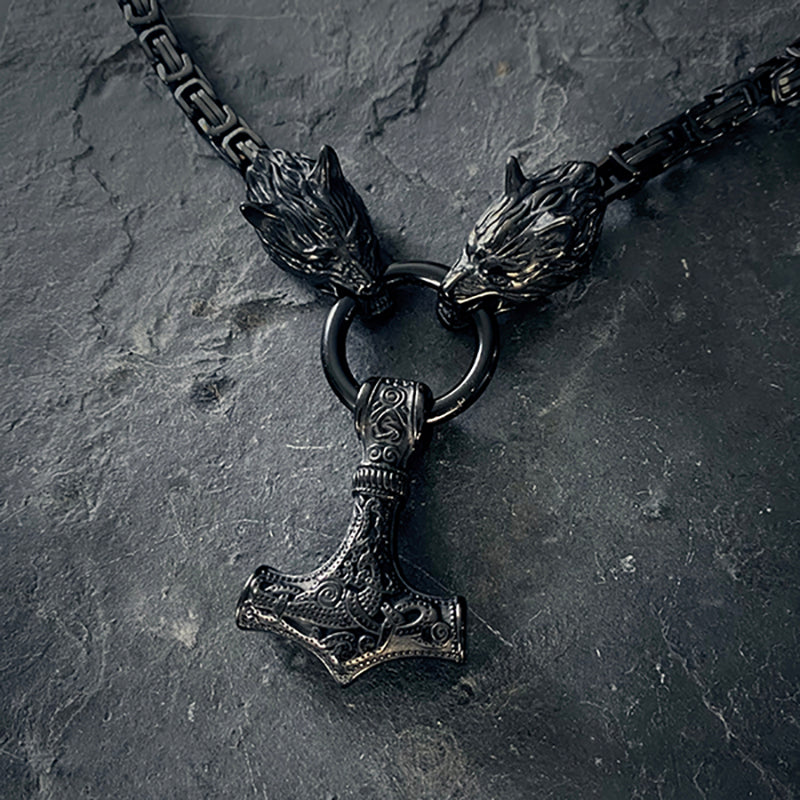 Fenrir with Mjolnir necklace, black edition - NECKLACE