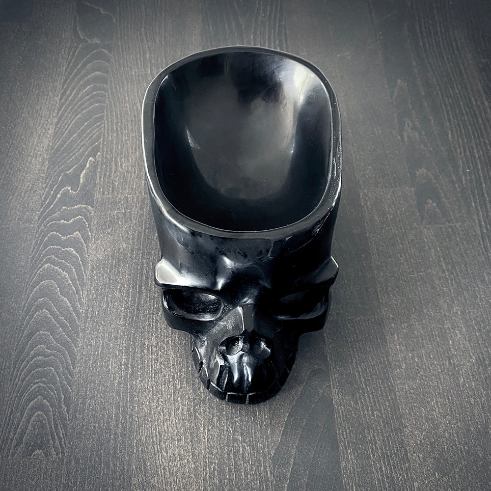 Black skull offering bowl, carved black obsidian - RITUAL ITEM