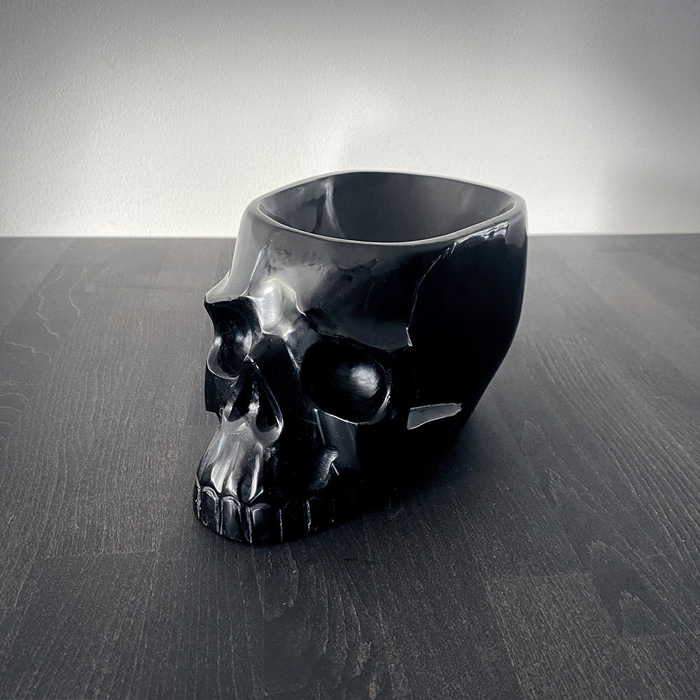 Black skull offering bowl, carved black obsidian - RITUAL ITEM