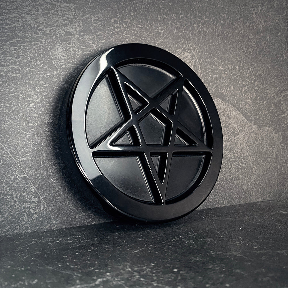 Pentagram altar disc, offering plate, carved black obsidian - RITUAL ITEM