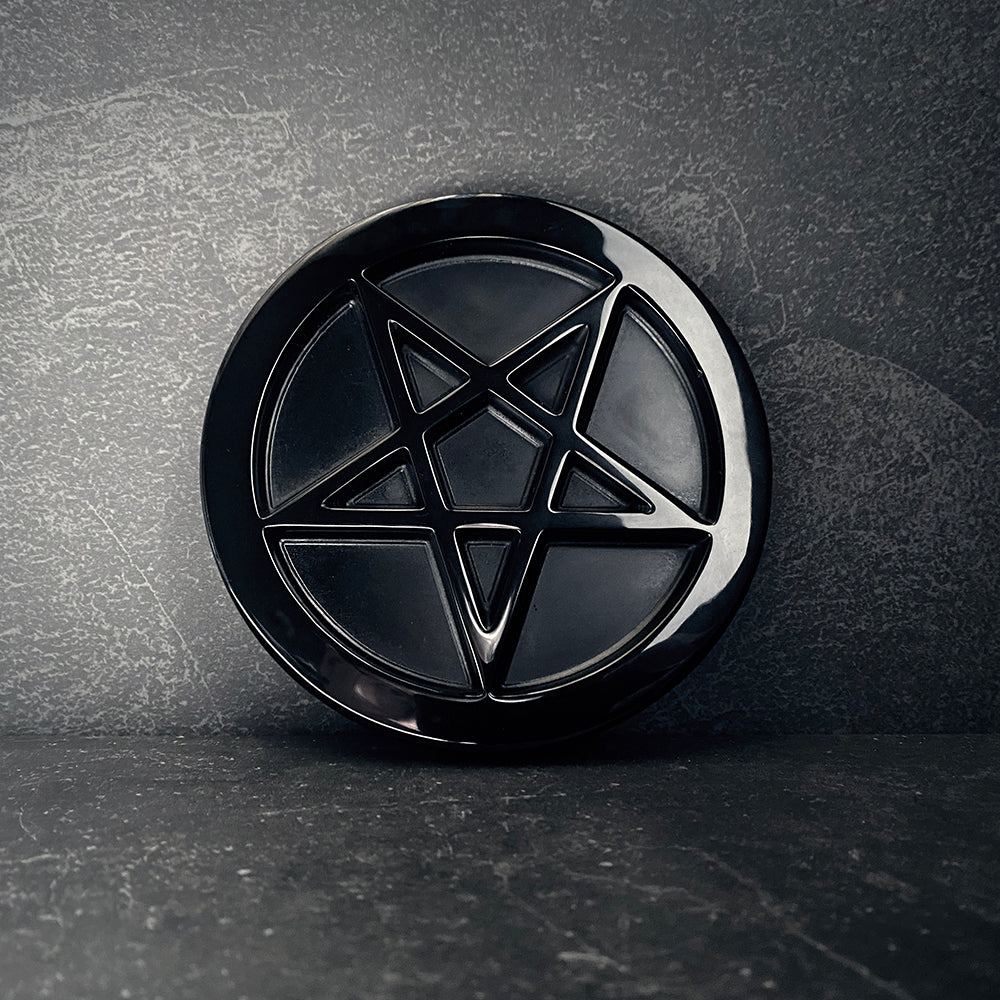 Pentagram altar disc, offering plate, carved black obsidian - RITUAL ITEM