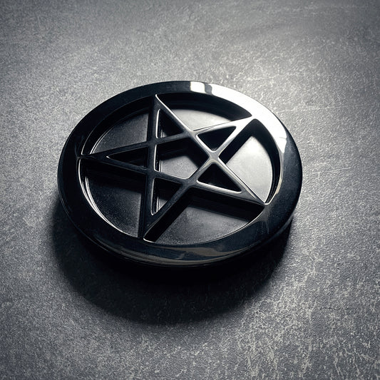 Pentagram altar disc, offering plate, carved black obsidian - RITUAL ITEM