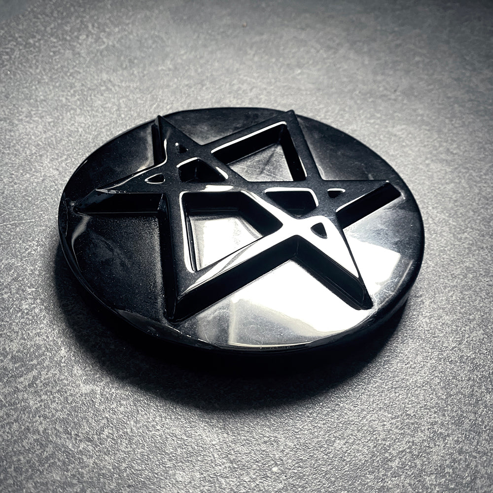 Unicursal hexagram, round version, carved black obsidian - RITUAL ITEM