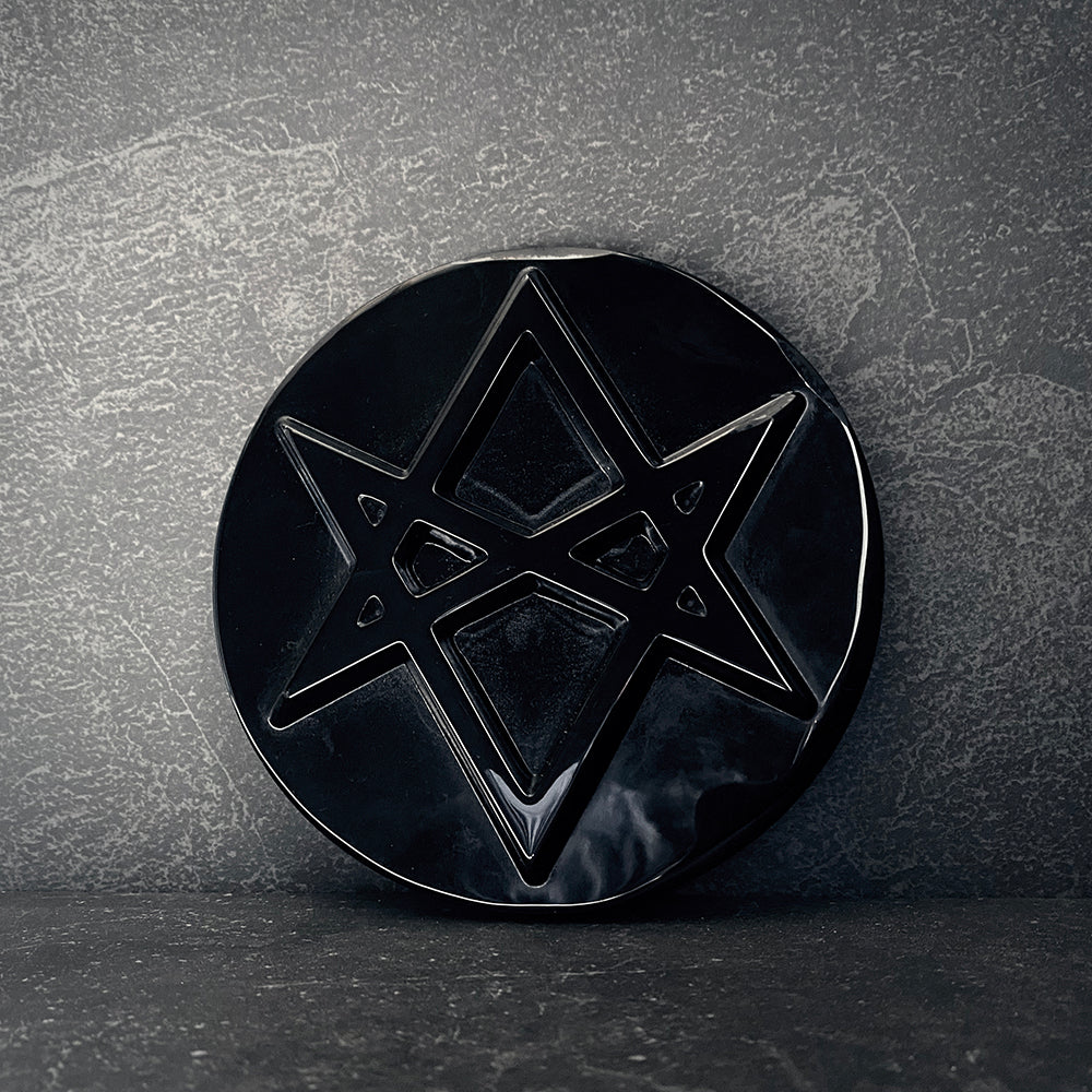 Unicursal hexagram, round version, carved black obsidian - RITUAL ITEM