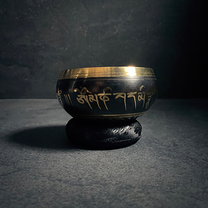 Tibetan singing bowl set, standing bell, black patina edition - RITUAL ITEM