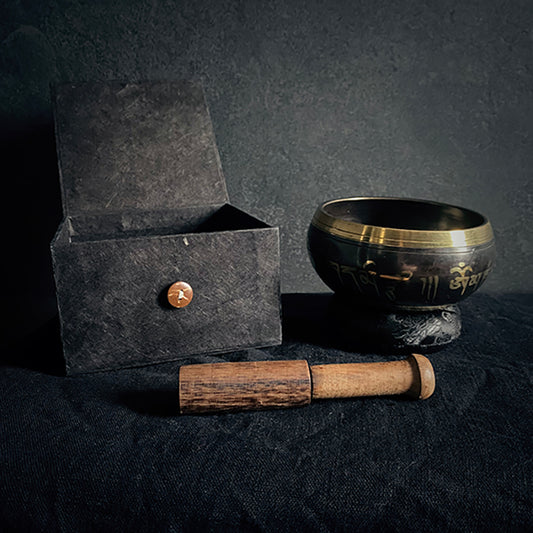 Tibetan singing bowl set, standing bell, black patina edition - RITUAL ITEM