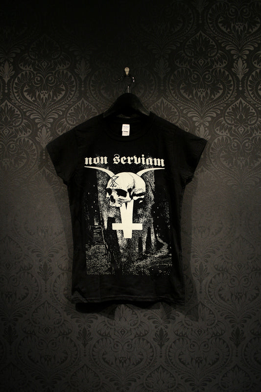 Non Serviam, horned goat cross with skull - T-shirt female fitted