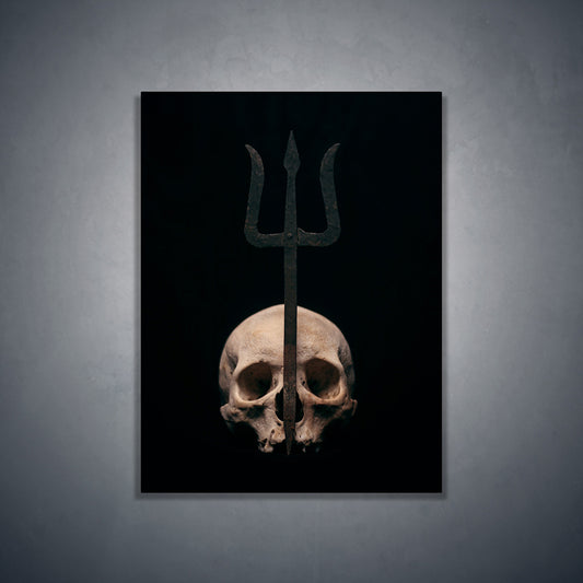 Skull with trident, real human skull photography front view - Art print