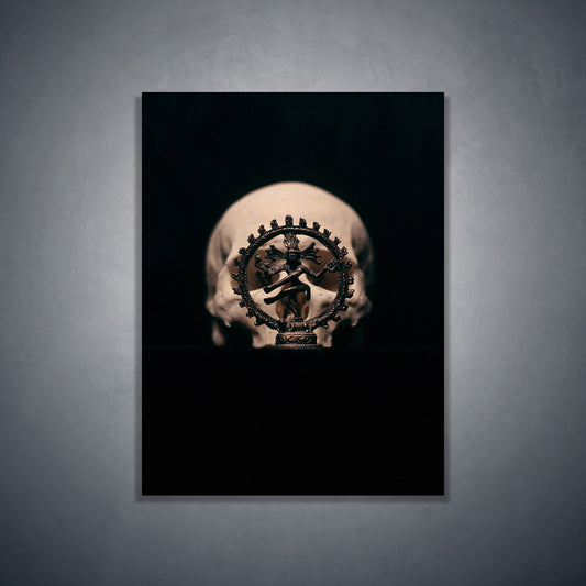 Skull with dancing shiva sculpture, real human skull photography - Art print