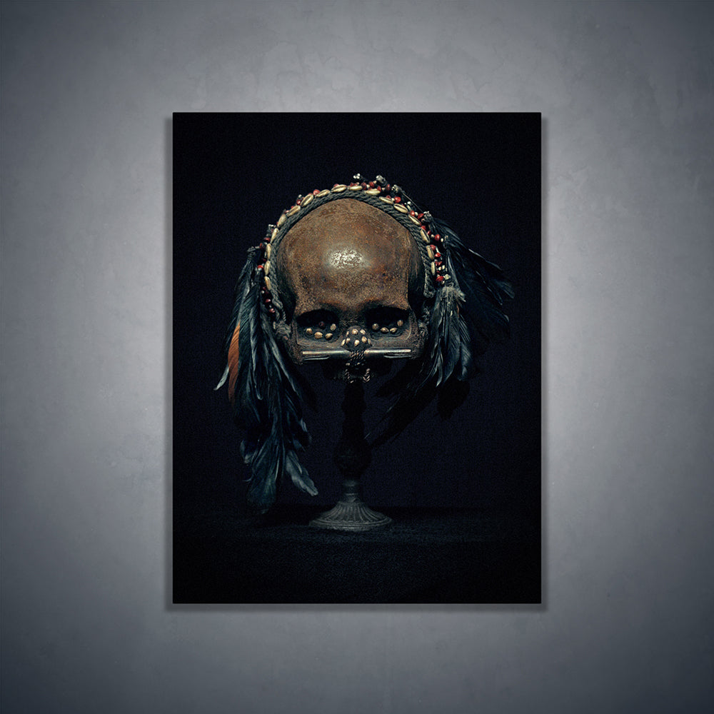Asmat head hunter trophy skull, real human skull photography - Art print