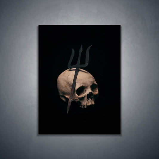 Trident leaning on skull, real human skull photography - Art print