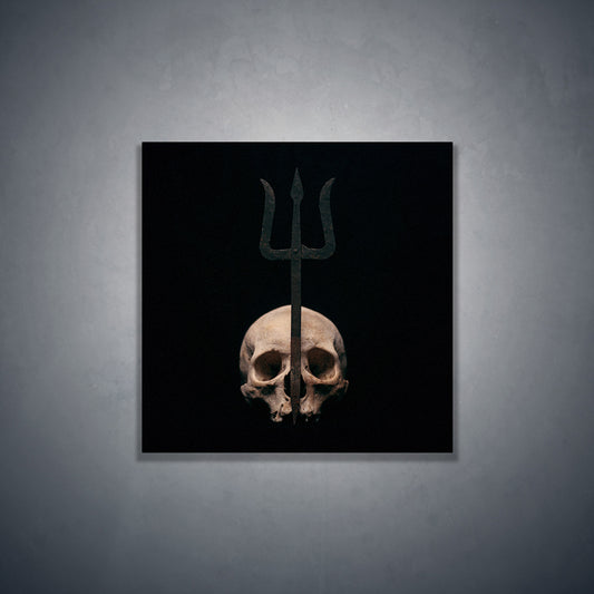 Skull with trident, real human skull photography front view - Square art print