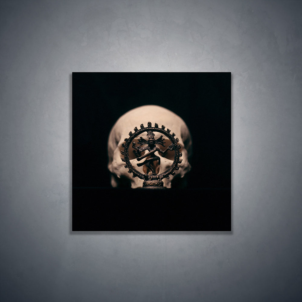 Skull with dancing shiva sculpture, real human skull photography - Square art print