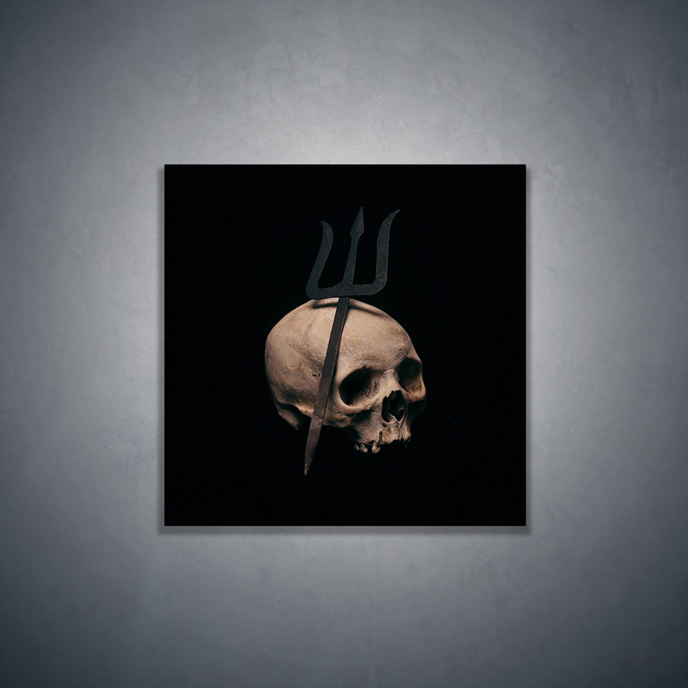 Trident leaning on skull, real human skull photography - Square art print