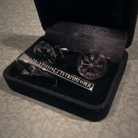 Vegvisir cufflinks, Elder Futhark tie-clip with  - gift box set!