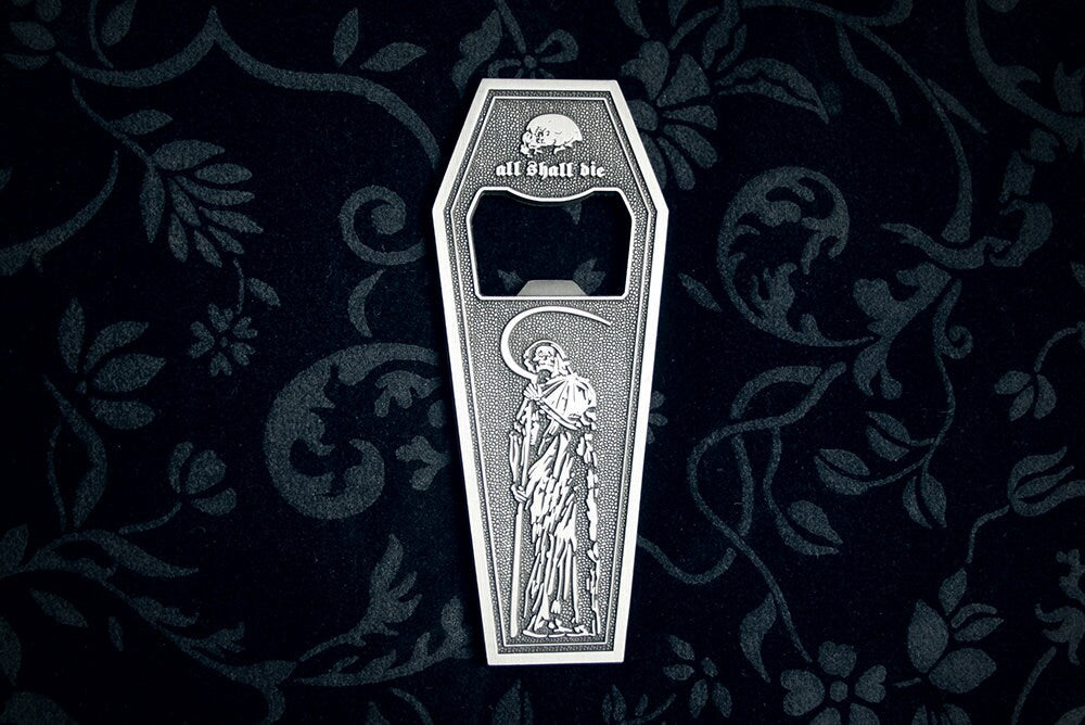 Coffin shaped, 2 sided bottle opener, "all will perish" - Bottle opener