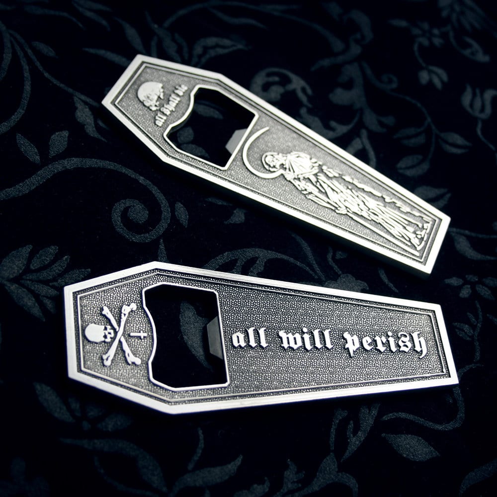 Coffin shaped, 2 sided bottle opener, "all will perish" - Bottle opener