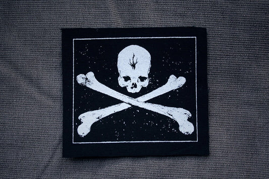 Skull and crossed bones with black flame - screen printed PATCH