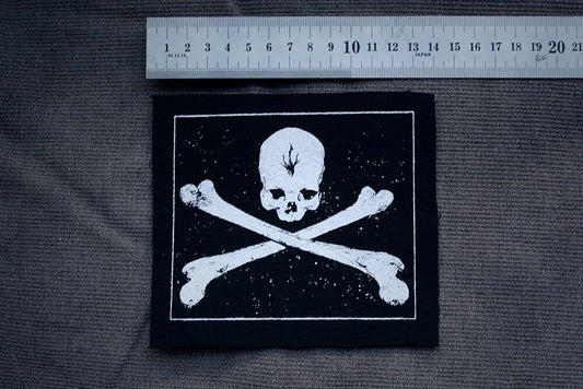 Skull and crossed bones with black flame - screen printed PATCH