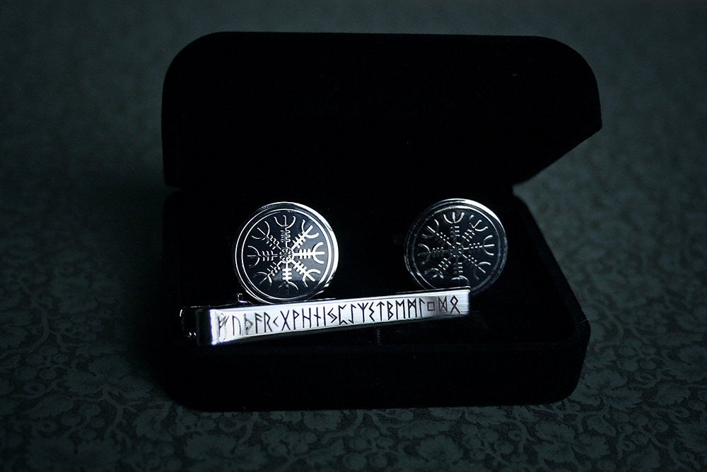 Ægishjálmur Cufflinks, Elder futhark rune tie clip - gift box set!