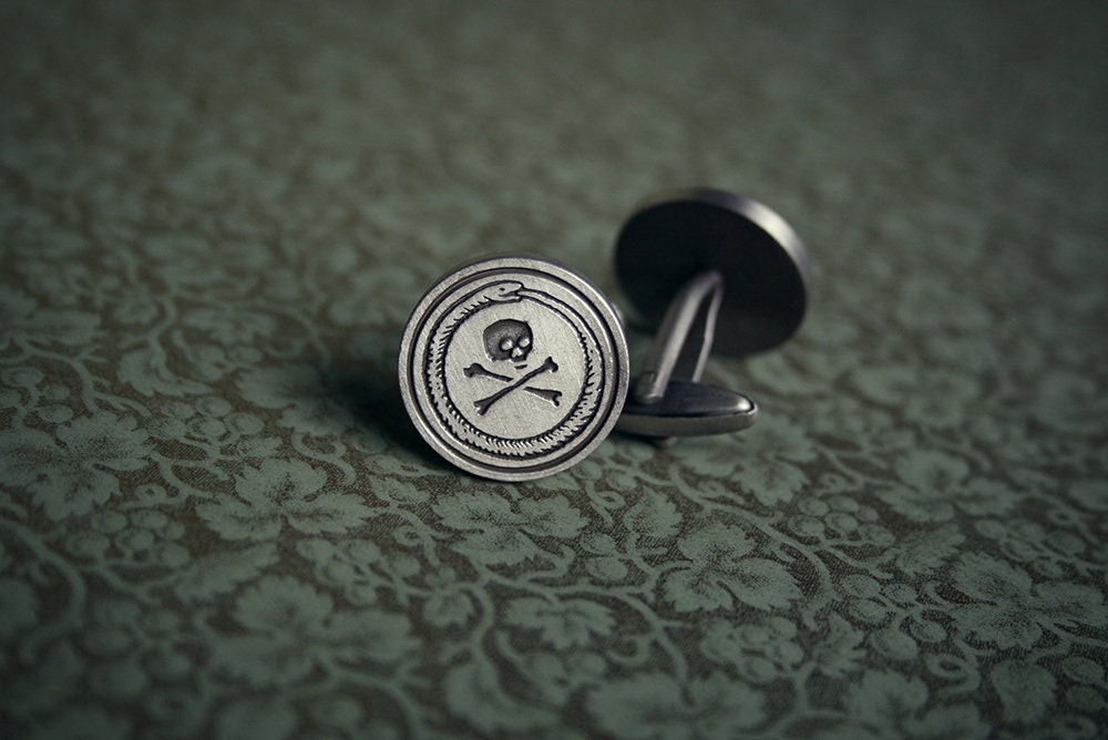 Ouroboros and skull with crossbone Cufflinks, Misanthrope tie clip - gift box set!