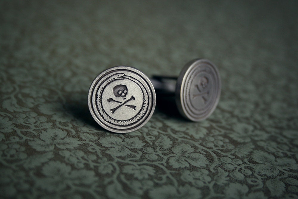 Ouroboros and skull with crossbone Cufflinks, Misanthrope tie clip - gift box set!