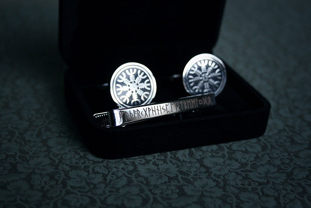 Ægishjálmur Cufflinks, Elder futhark rune tie clip - gift box set!