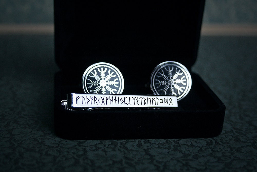 Ægishjálmur Cufflinks, Elder futhark rune tie clip - gift box set!