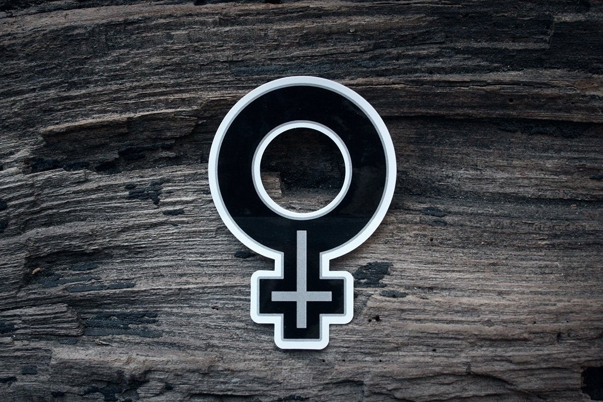 Female symbol with upside down cross - vinyl STICKER
