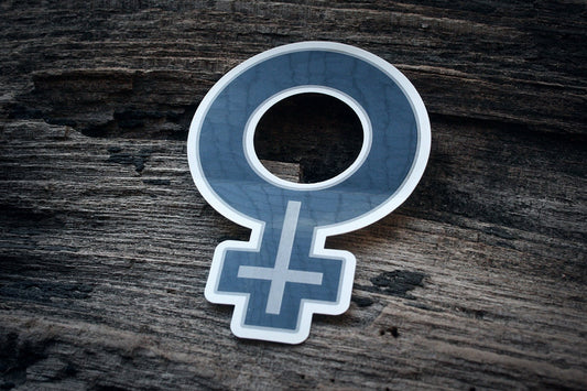 Female symbol with upside down cross - vinyl STICKER