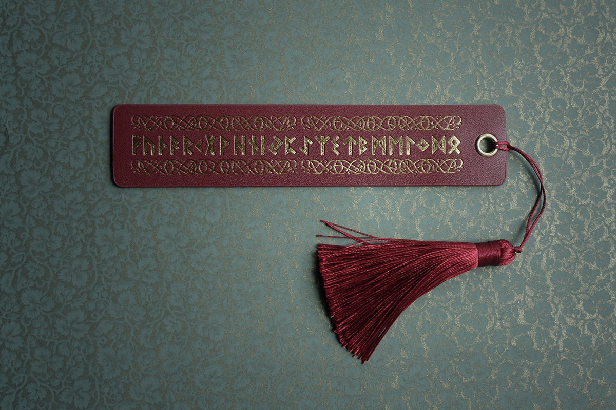 Elder futhark runes, red vegan leather, gold printing - Bookmark