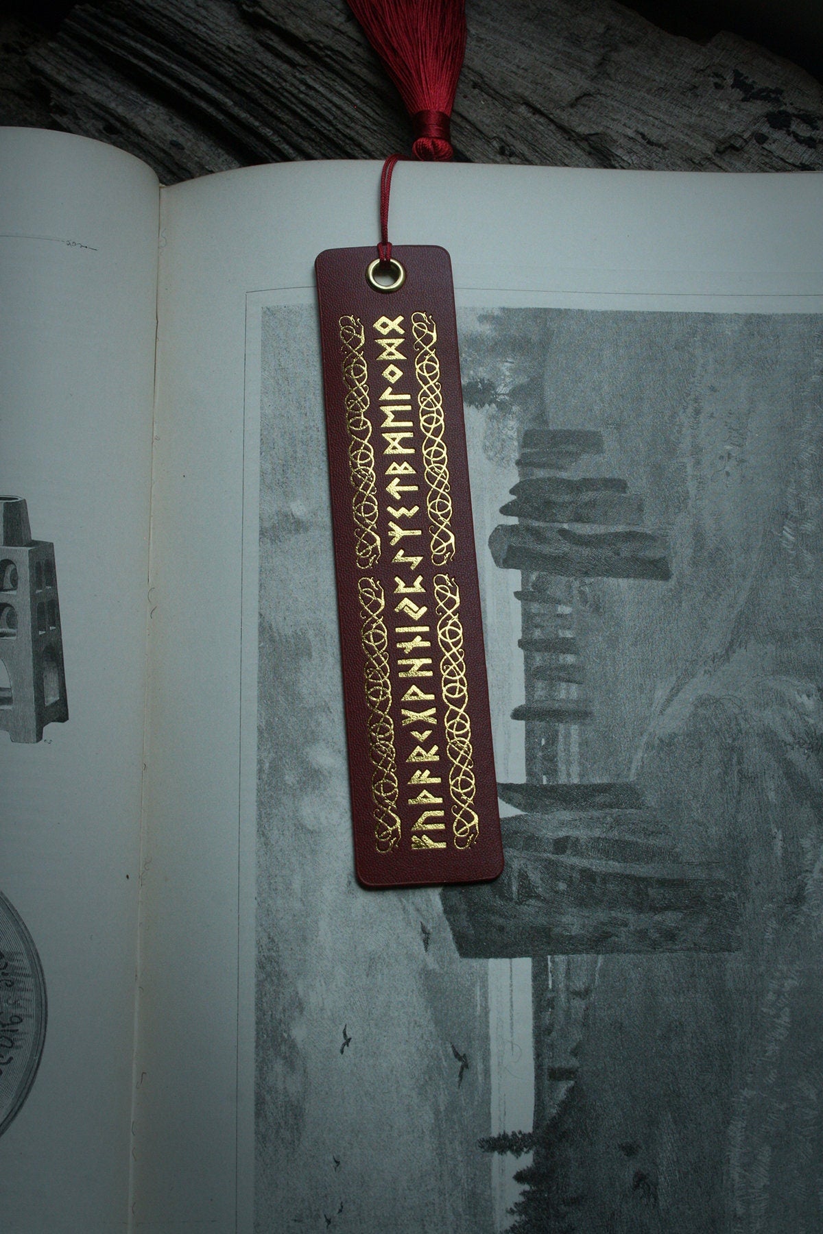 Elder futhark runes, red vegan leather, gold printing - Bookmark