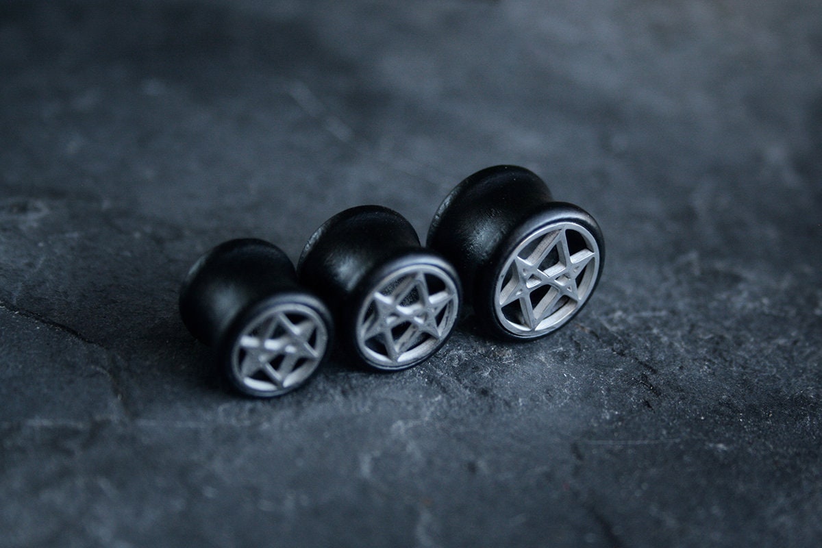 Unicursal hexagram, black wood /metal, double flare (listing is for one) - EAR PLUG / GAUGES