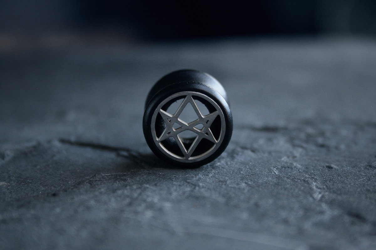 Unicursal hexagram, black wood /metal, double flare (listing is for one) - EAR PLUG / GAUGES