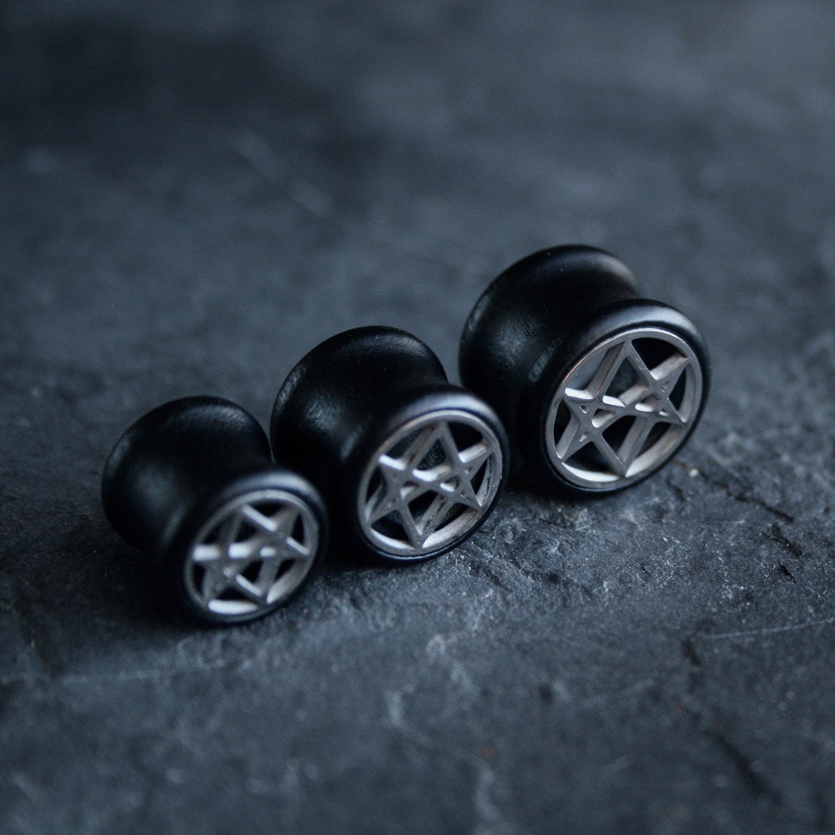 Unicursal hexagram, black wood /metal, double flare (listing is for one) - EAR PLUG / GAUGES