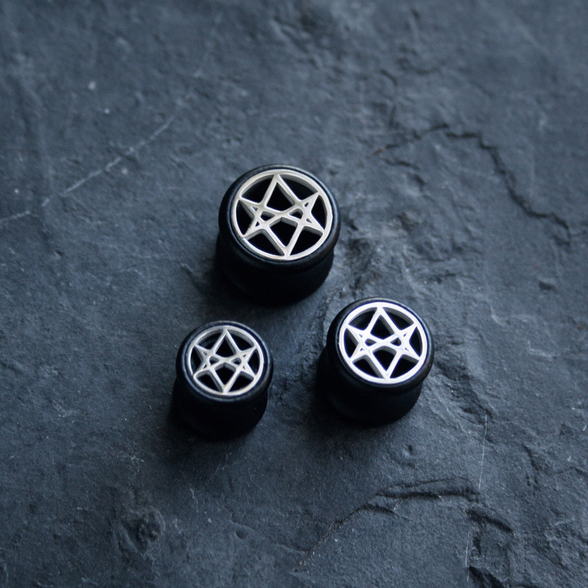 Unicursal hexagram, black wood /metal, double flare (listing is for one) - EAR PLUG / GAUGES