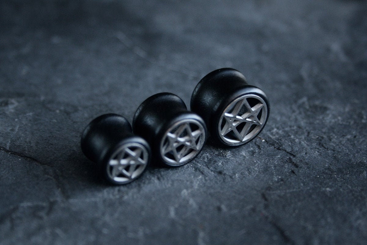 Unicursal hexagram, black wood /metal, double flare (listing is for one) - EAR PLUG / GAUGES