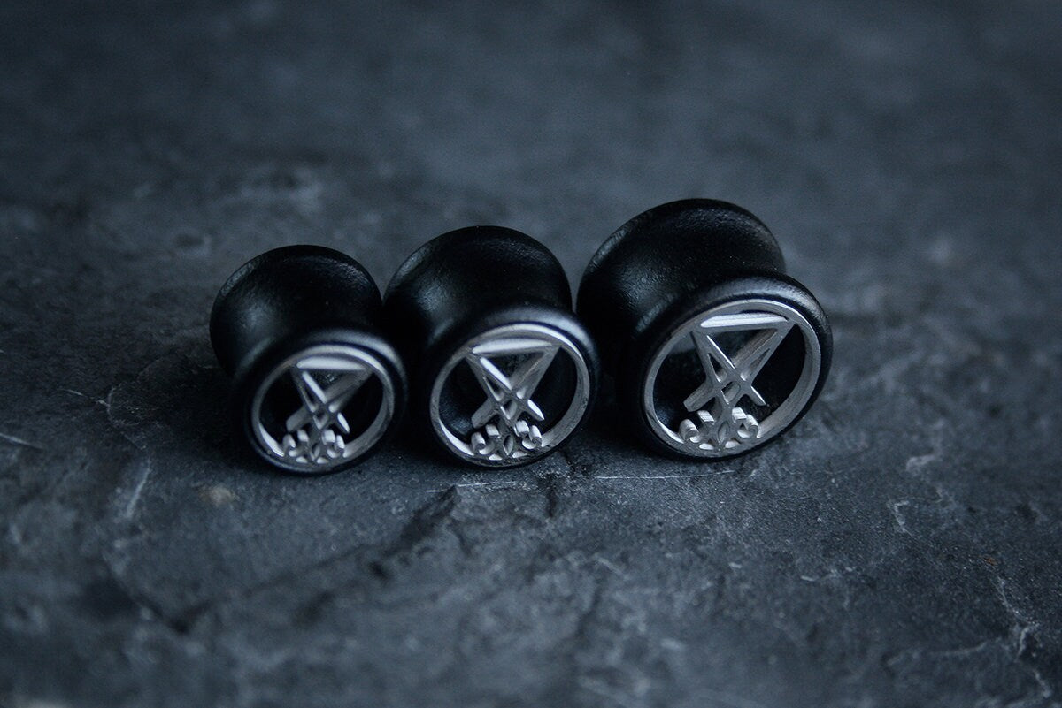 Seal of Lucifer, black wood /metal, double flare (listing is for one) - EAR PLUG / GAUGE