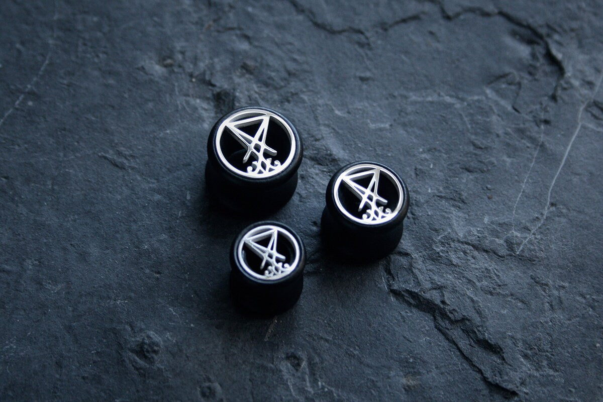 Seal of Lucifer, black wood /metal, double flare (listing is for one) - EAR PLUG / GAUGE