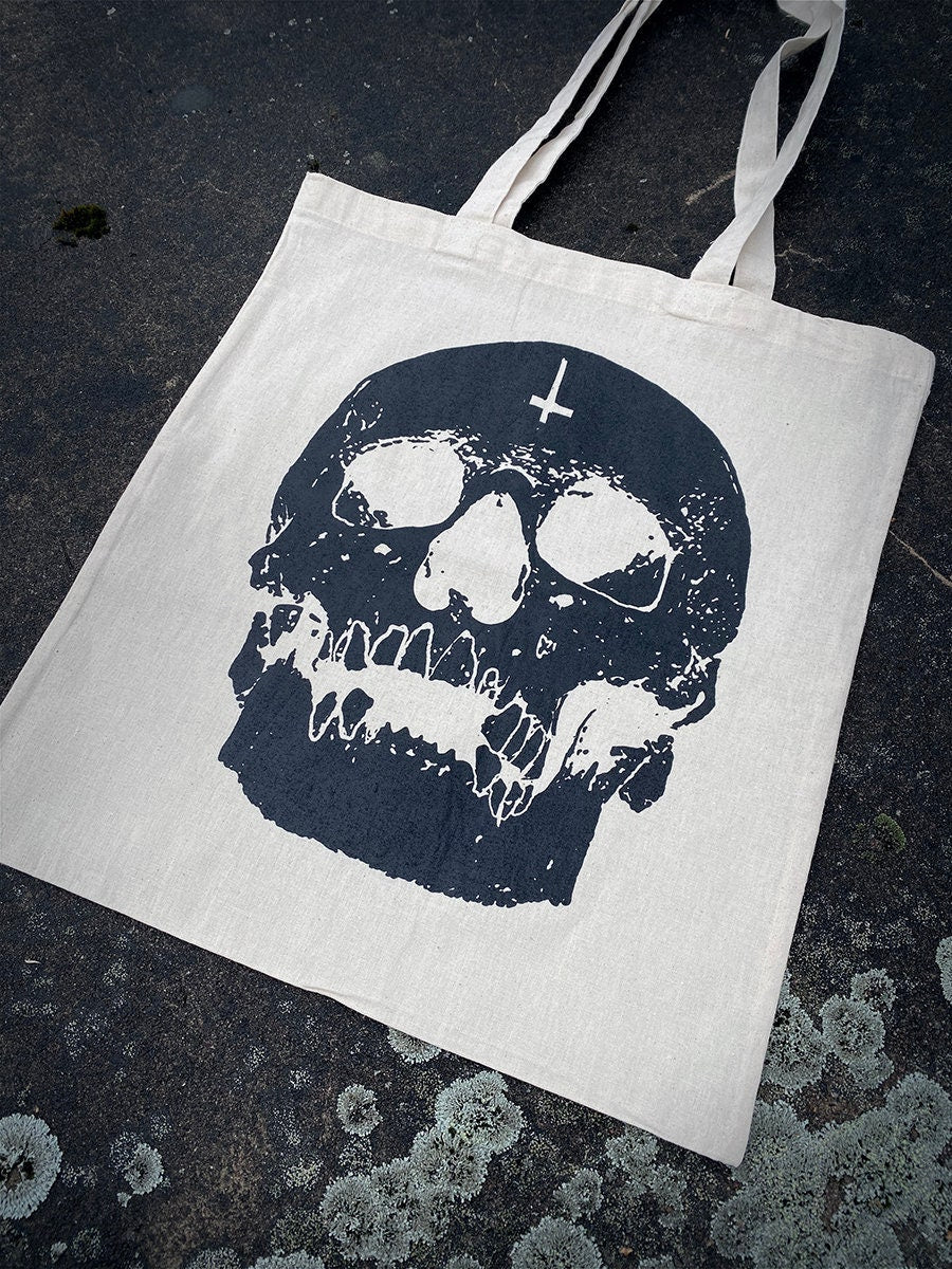 Black skull with upside down cross - Tote bag (natural white colored)