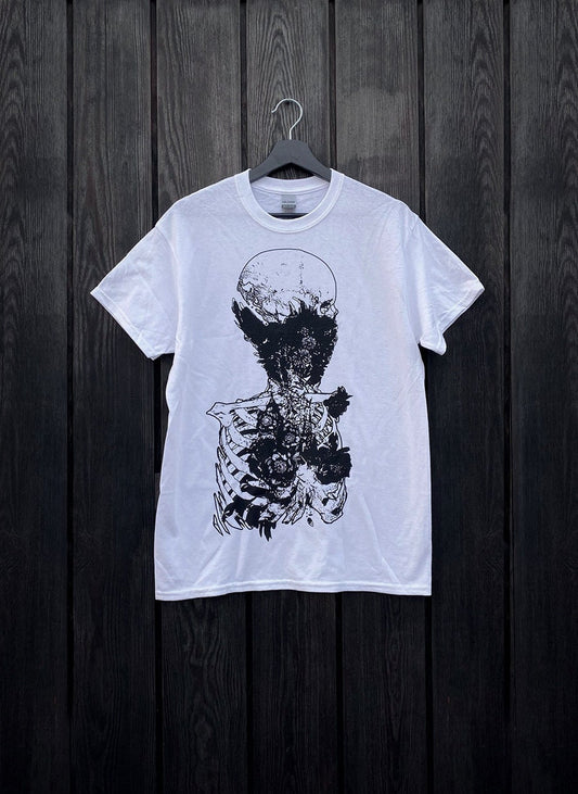 Skeleton torso with dark flowers - WHITE T-shirt