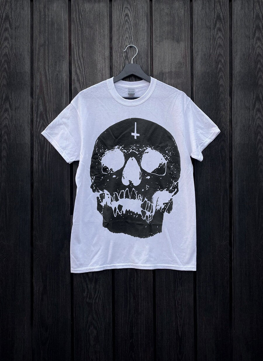 Black skull oversize print, upside down cross - WHITE T-shirt