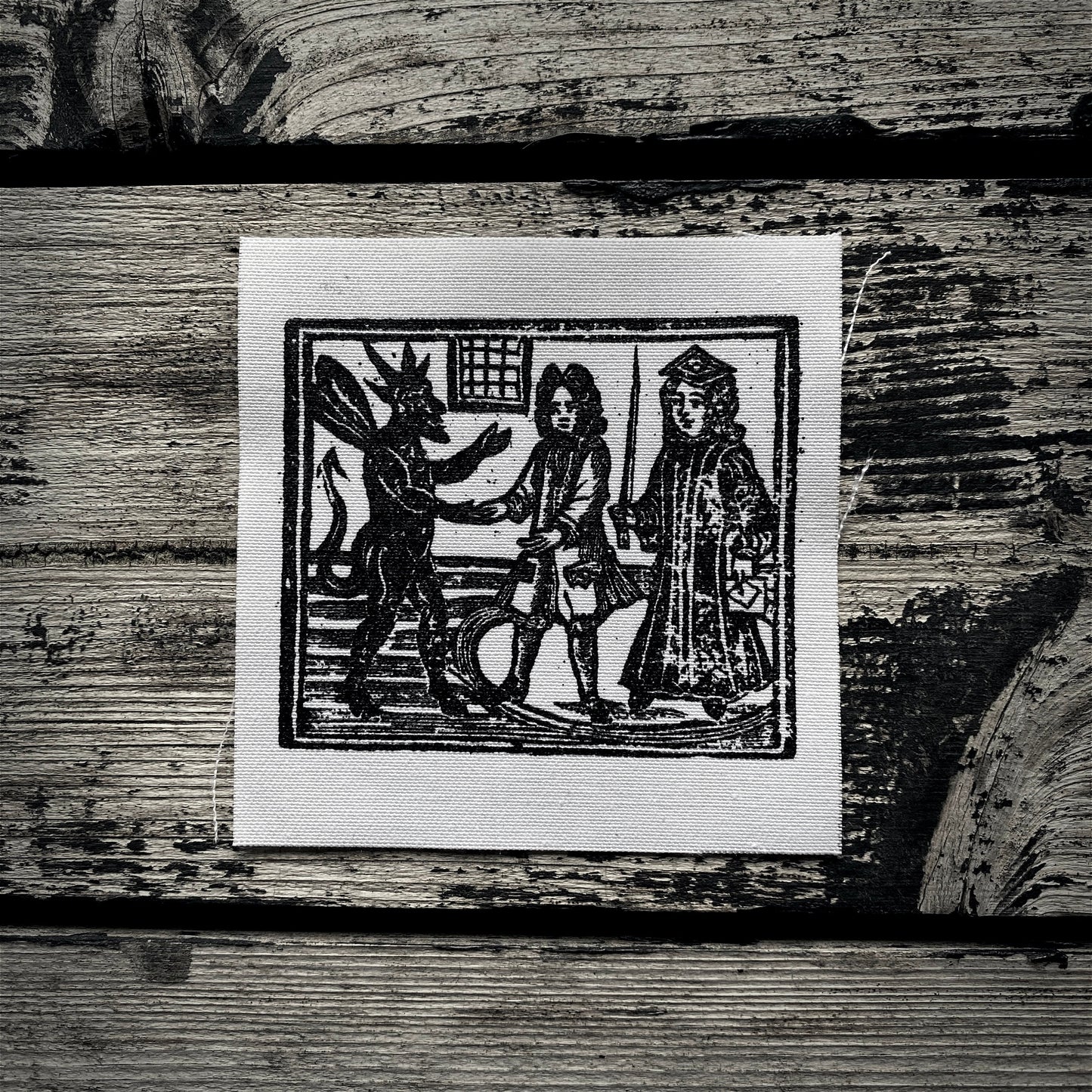 Woodcut of devil / demon and noble men  - screen printed PATCH