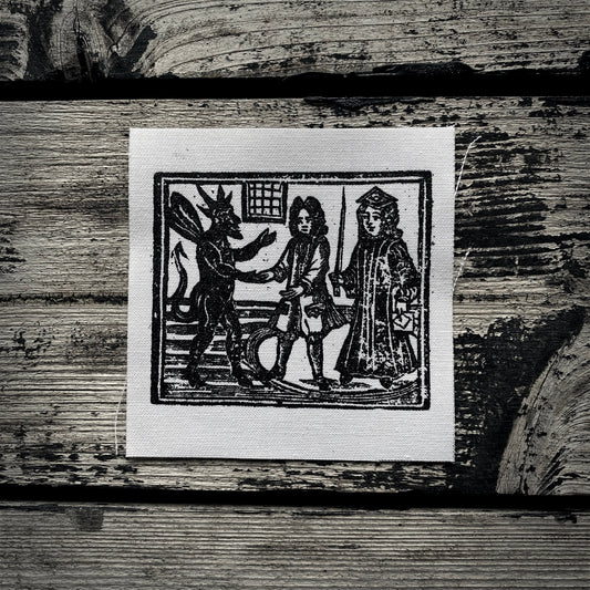 Woodcut of devil / demon and noble men - screen printed PATCH
